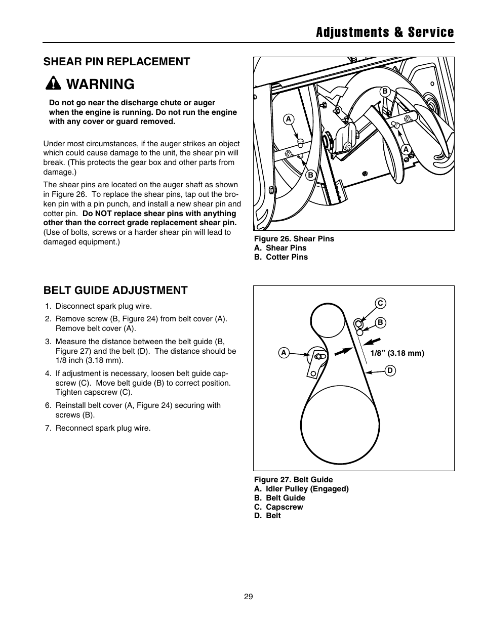 Adjustments & service, Warning, Shear pin replacement | Belt guide adjustment | Snapper 1632E User Manual | Page 30 / 36