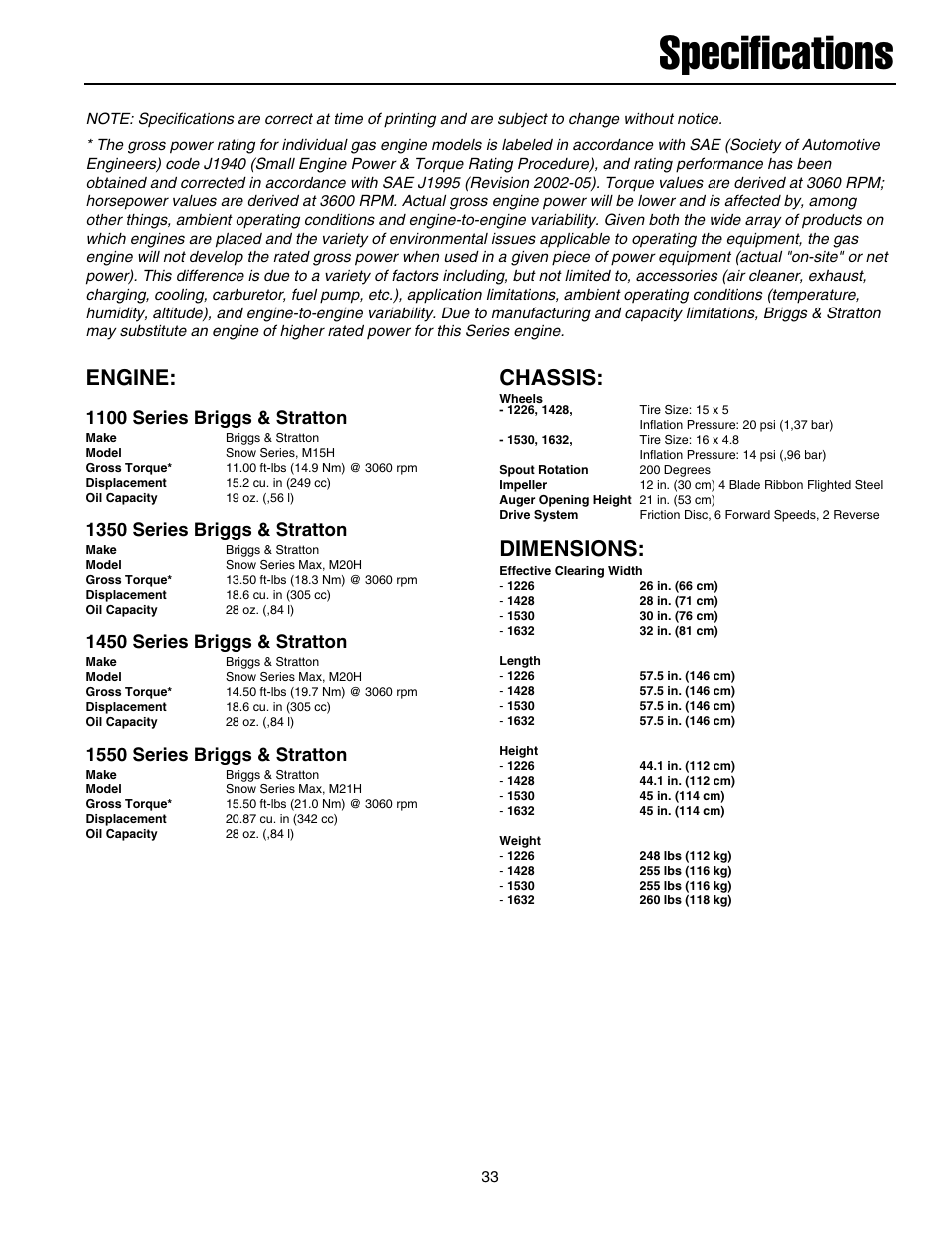 Specifications, Engine, Chassis | Dimensions, 1100 series briggs & stratton, 1350 series briggs & stratton, 1450 series briggs & stratton, 1550 series briggs & stratton | Snapper 1632E User Manual | Page 34 / 36