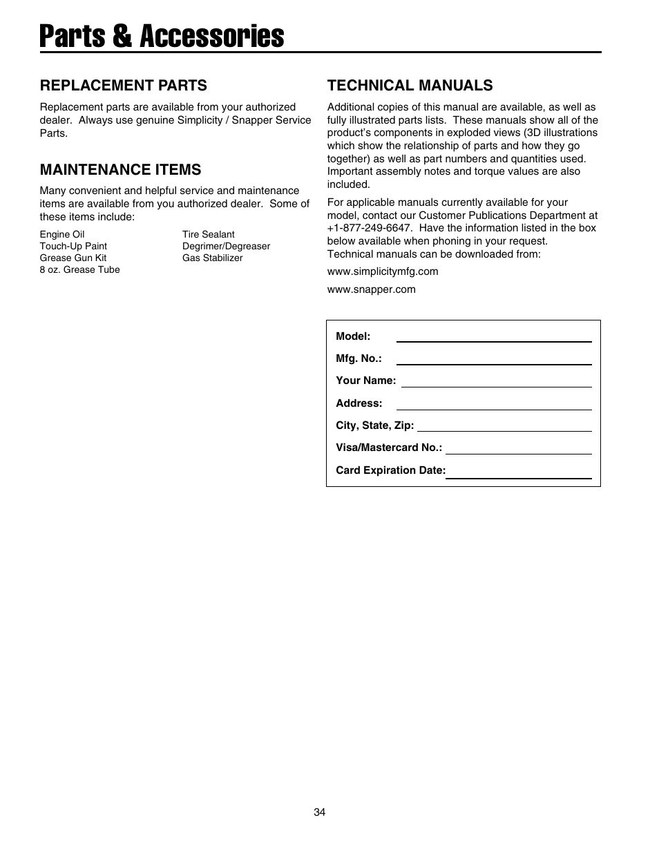 Parts & accessories, Replacement parts, Technical manuals | Maintenance items | Snapper 1632E User Manual | Page 35 / 36