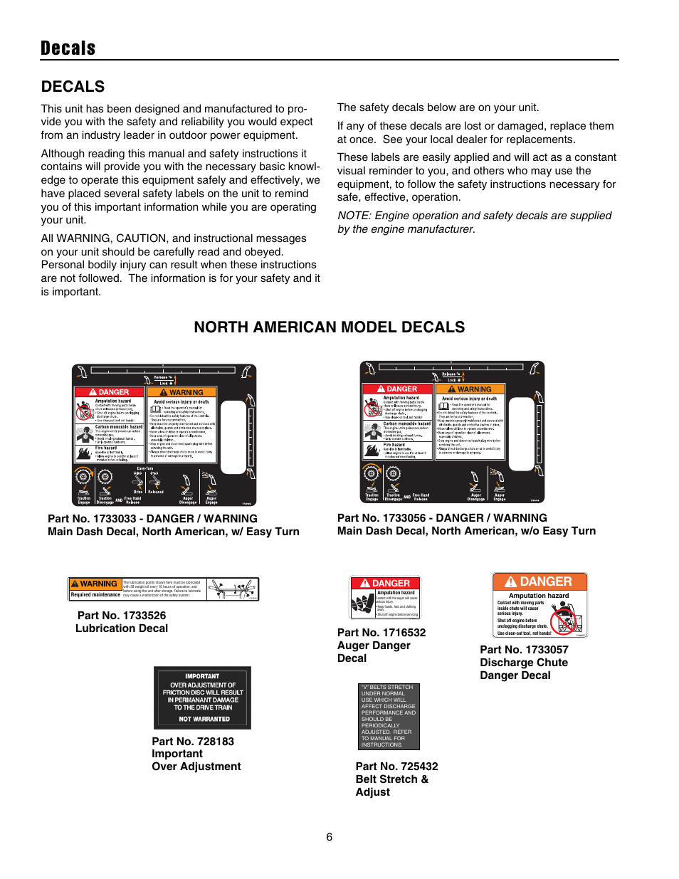 Decals, North american model decals, Danger | Snapper 1632E User Manual | Page 7 / 36