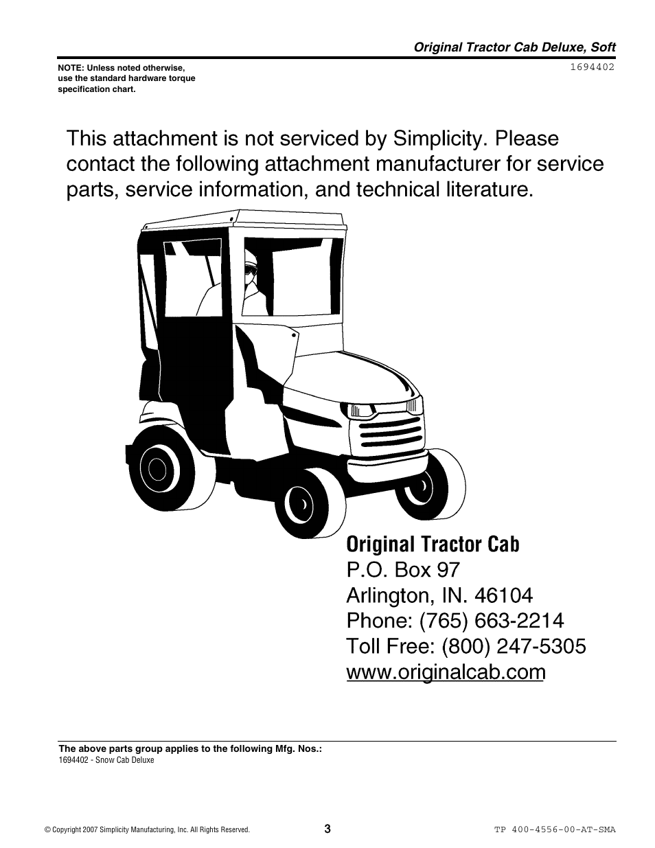 Original tractor cab deluxe, soft | Snapper 4556 User Manual | Page 3 / 4