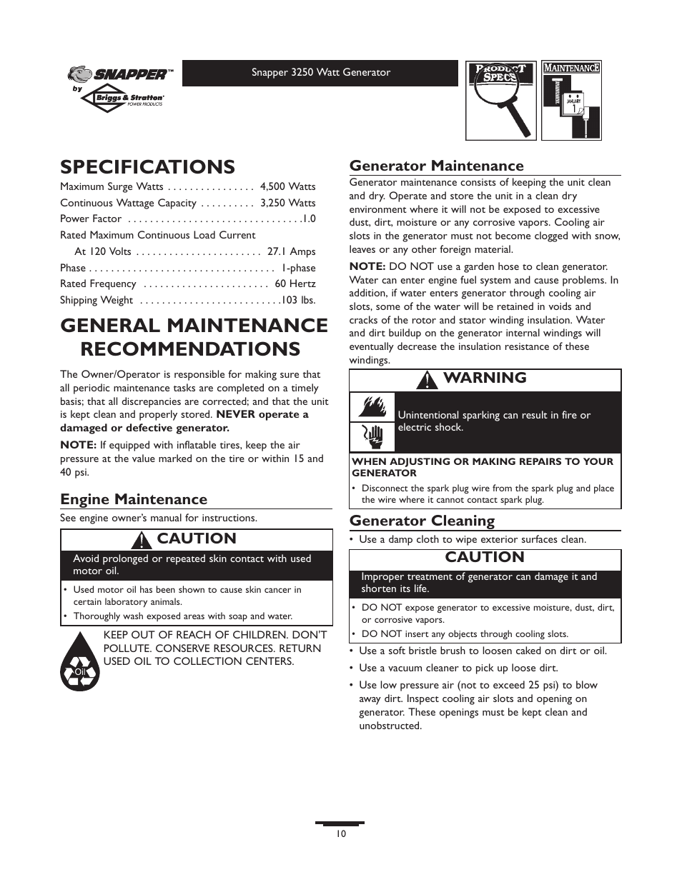 Specifications, General maintenance recommendations, Engine maintenance | Generator maintenance, Generator cleaning, Caution, Warning | Snapper 3250 User Manual | Page 10 / 20