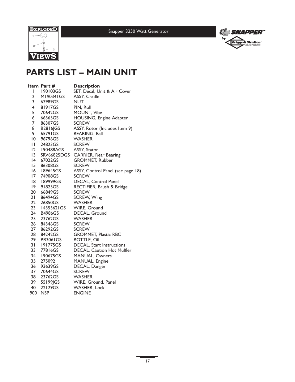 Parts list – main unit | Snapper 3250 User Manual | Page 17 / 20