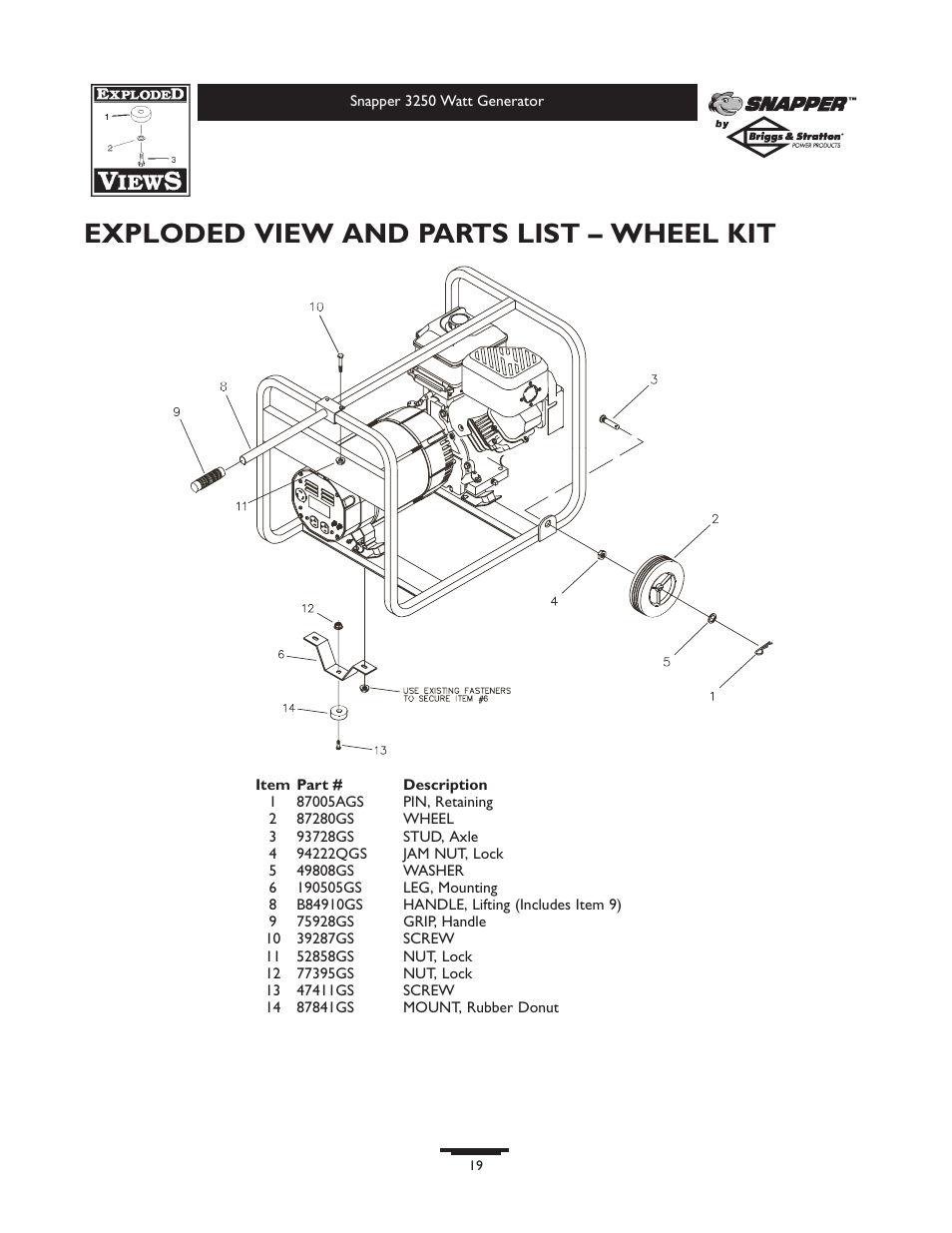 Exploded view and parts list – wheel kit | Snapper 3250 User Manual | Page 19 / 20