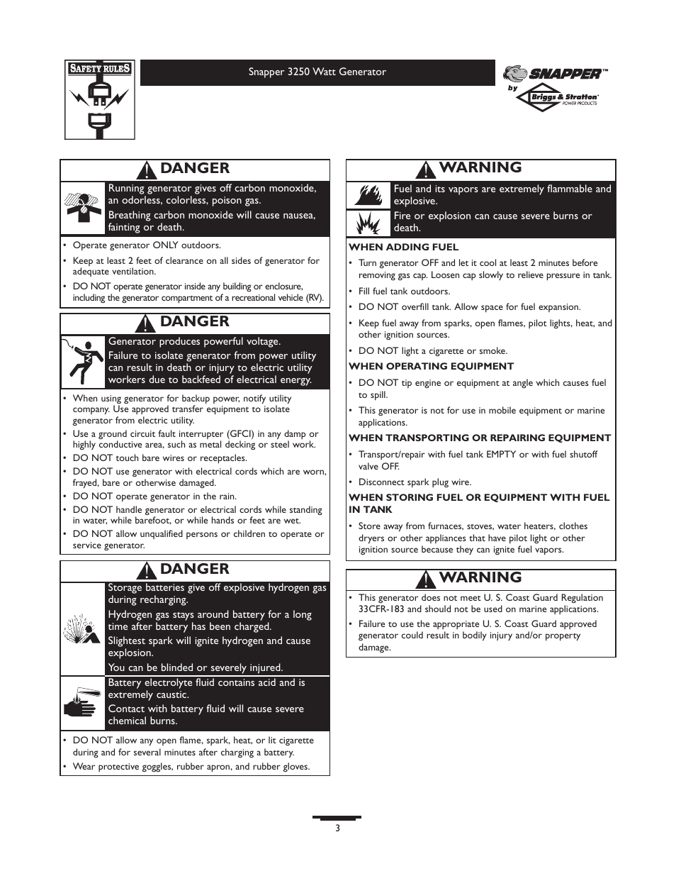 Danger, Warning | Snapper 3250 User Manual | Page 3 / 20