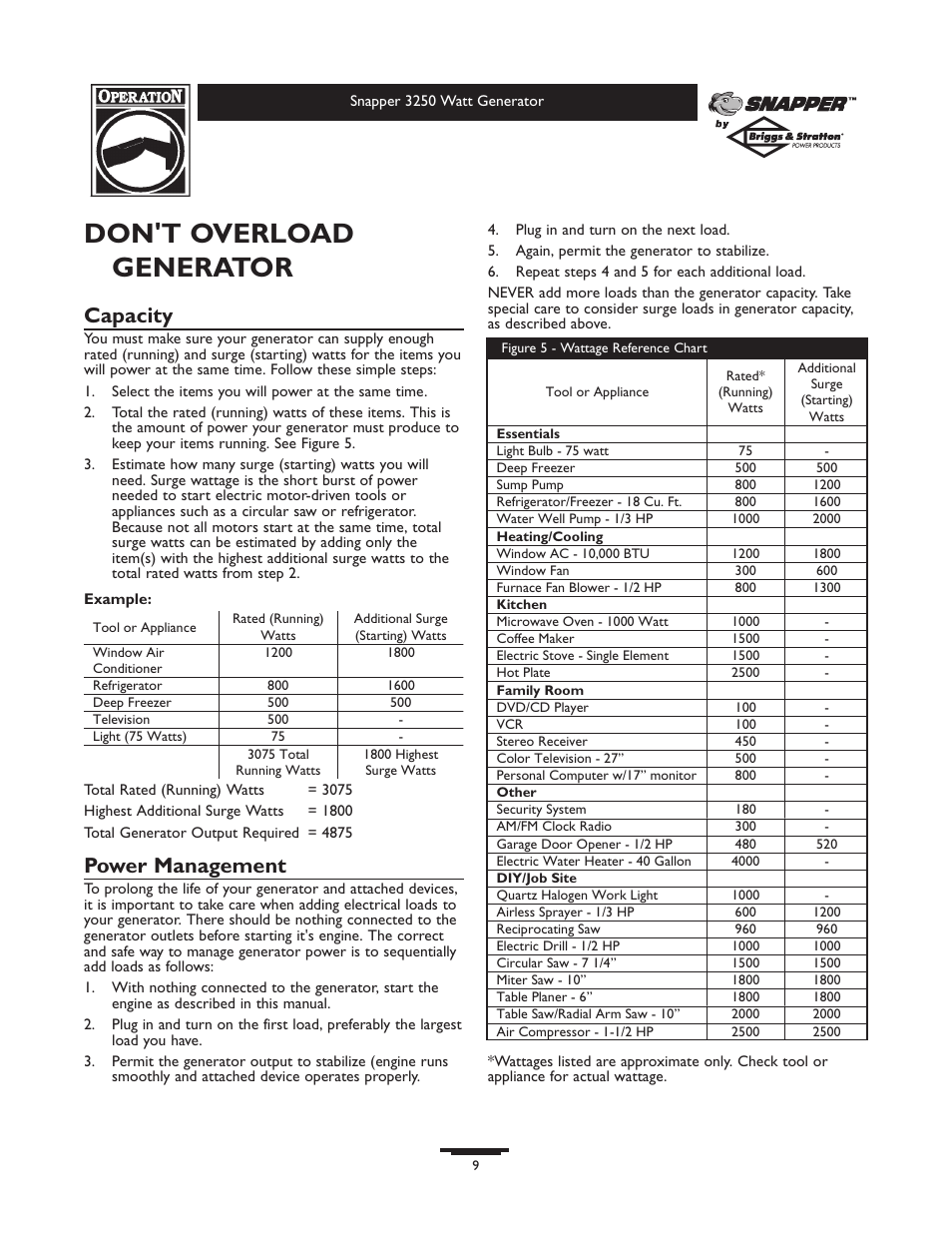 Don't overload generator, Capacity, Power management | Snapper 3250 User Manual | Page 9 / 20