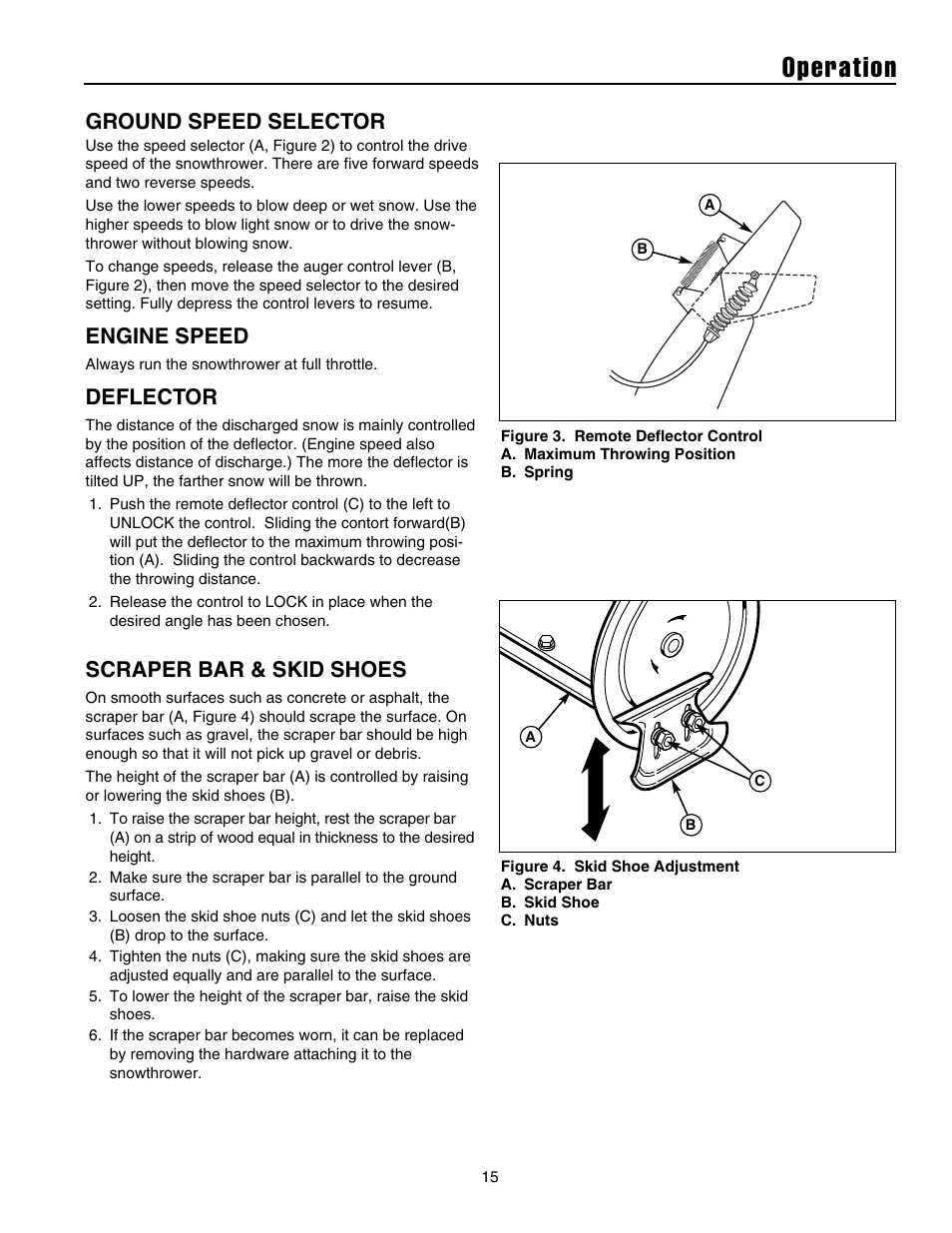 Operation, Ground speed selector, Engine speed | Deflector, Scraper bar & skid shoes | Snapper 8526 User Manual | Page 16 / 34