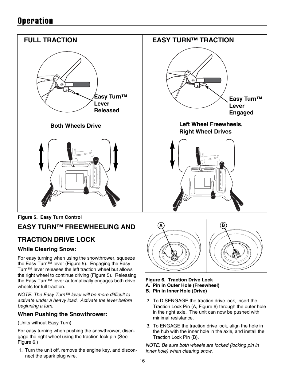 Operation, Easy turn™ freewheeling and traction drive lock, Full traction easy turn™ traction | Snapper 8526 User Manual | Page 17 / 34