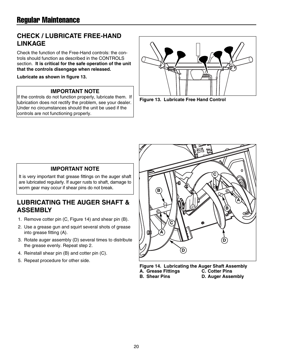 Regular maintenance, Check / lubricate free-hand linkage, Lubricating the auger shaft & assembly | Snapper 8526 User Manual | Page 21 / 34