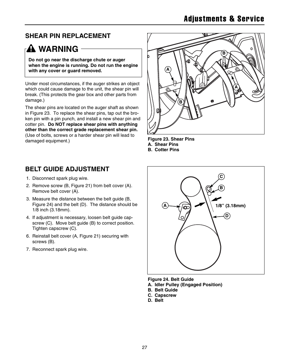 Adjustments & service, Warning, Shear pin replacement | Belt guide adjustment | Snapper 8526 User Manual | Page 28 / 34