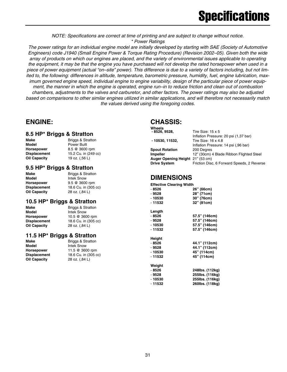 Specifications, Engine, Chassis | Dimensions, 5 hp* briggs & stratton | Snapper 8526 User Manual | Page 32 / 34