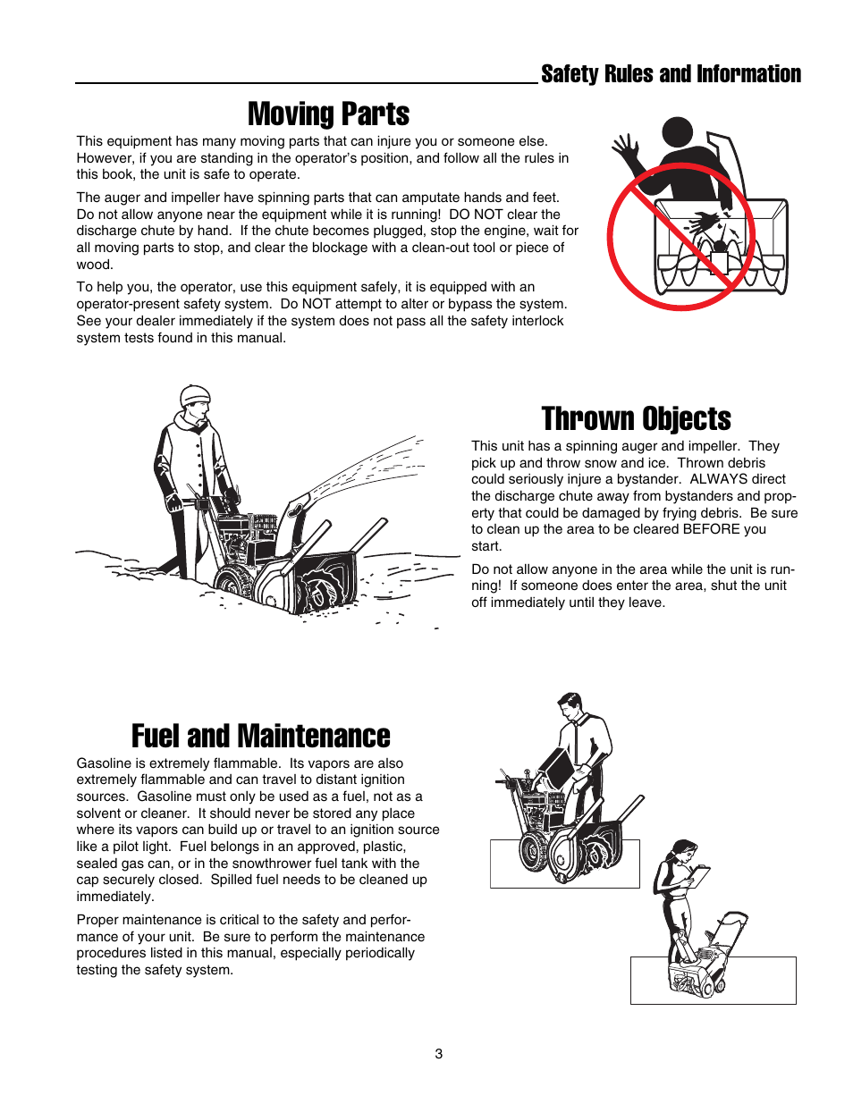 Moving parts, Thrown objects, Fuel and maintenance | Safety rules and information | Snapper 8526 User Manual | Page 4 / 34