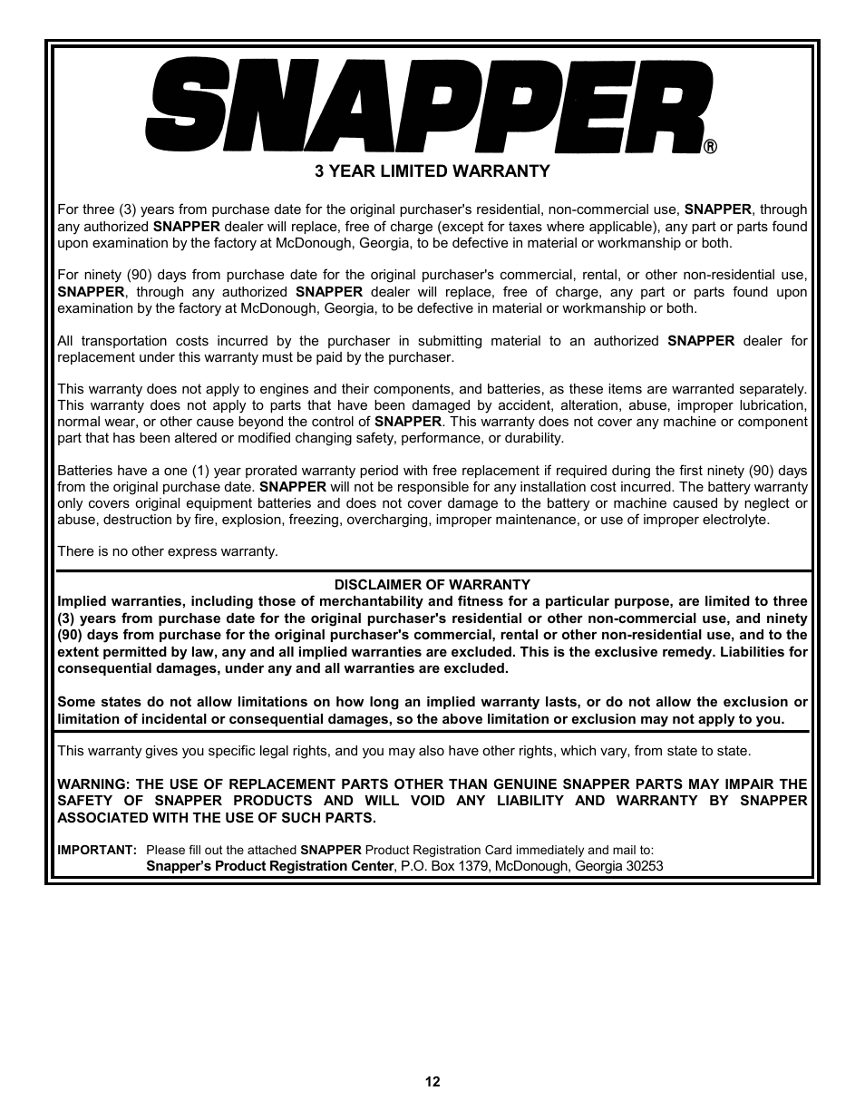 Snapper EICFR5505BV User Manual | Page 12 / 20