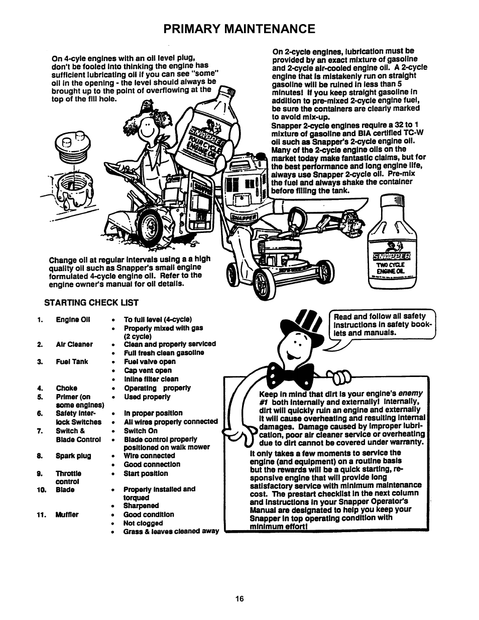 Primary maintenance | Snapper EICFR5505BV User Manual | Page 16 / 20