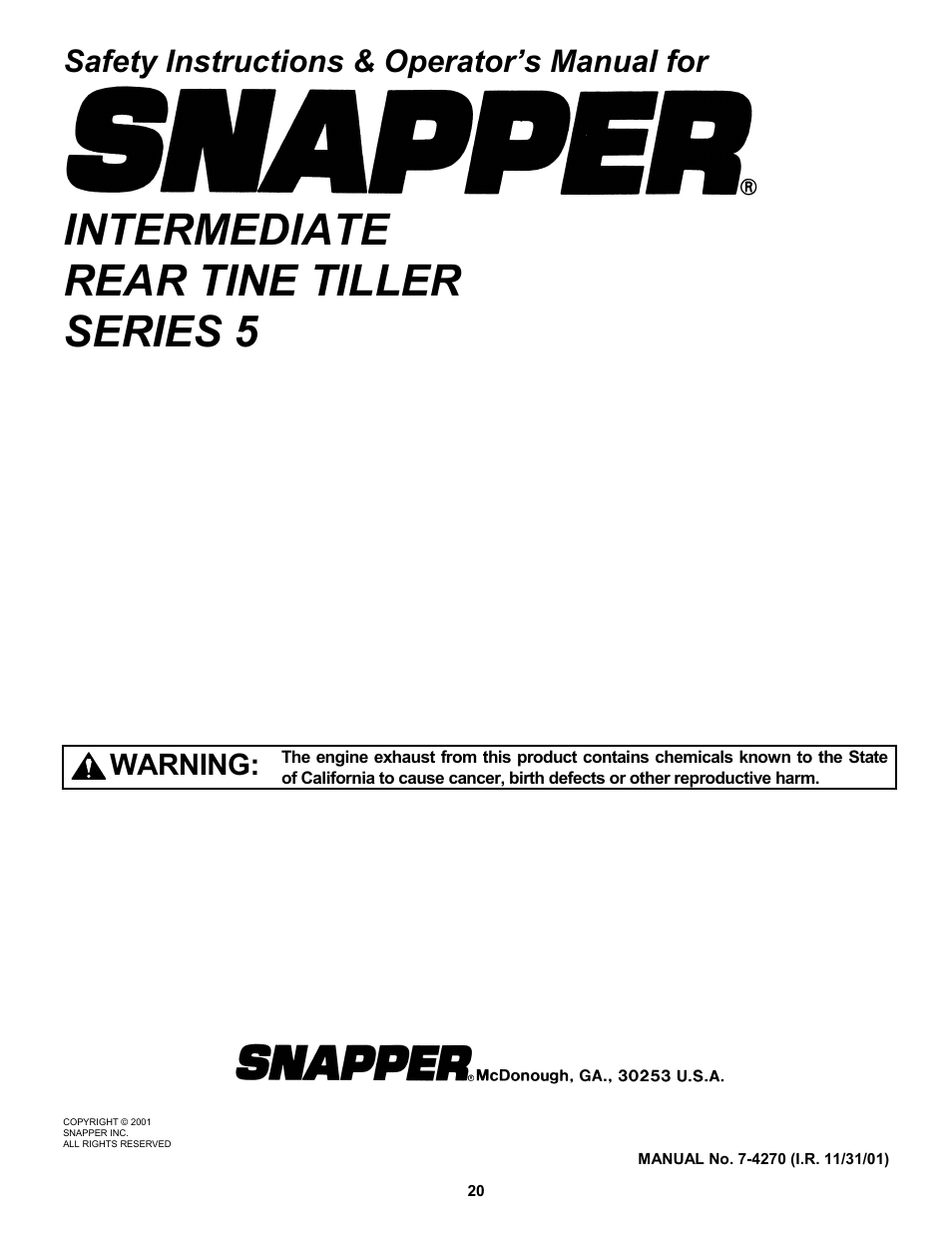 Intermediate rear tine tiller series 5, Safety instructions & operator’s manual for, Warning | Snapper EICFR5505BV User Manual | Page 20 / 20