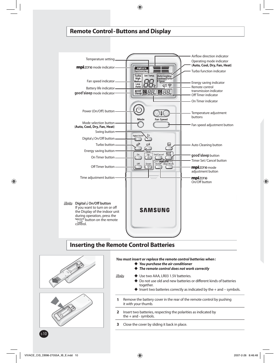 3fnpuf$pouspm#vuupotboe%jtqmbz, Otfsujohuif3fnpuf$pouspm#buufsjft | Samsung AQ09VBCNSER User Manual | Page 10 / 60