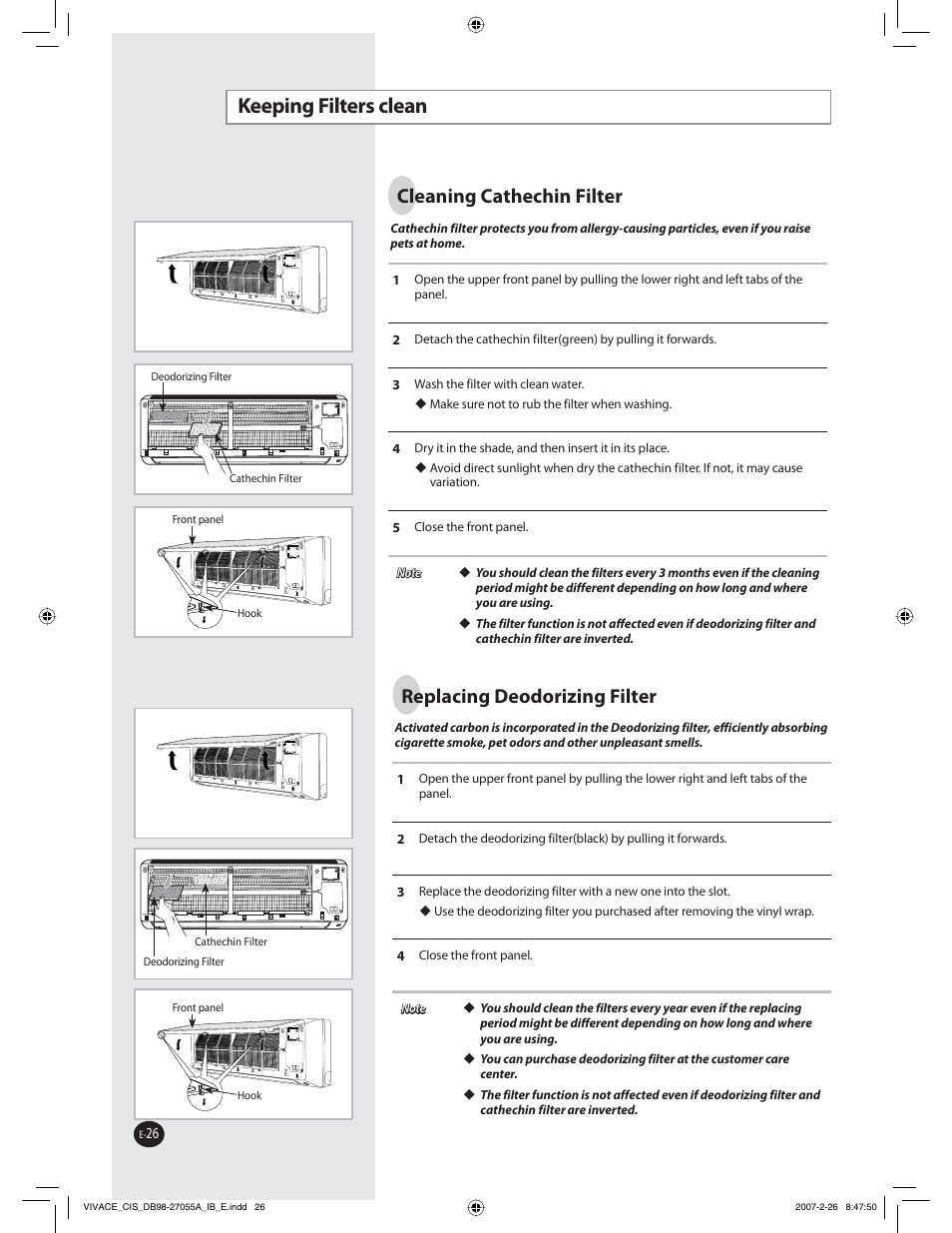 Ffqjoh'jmufstdmfbo, Cleaning cathechin filter, 3fqmbdjoh%fpepsj[joh'jmufs | Samsung AQ09VBCNSER User Manual | Page 26 / 60