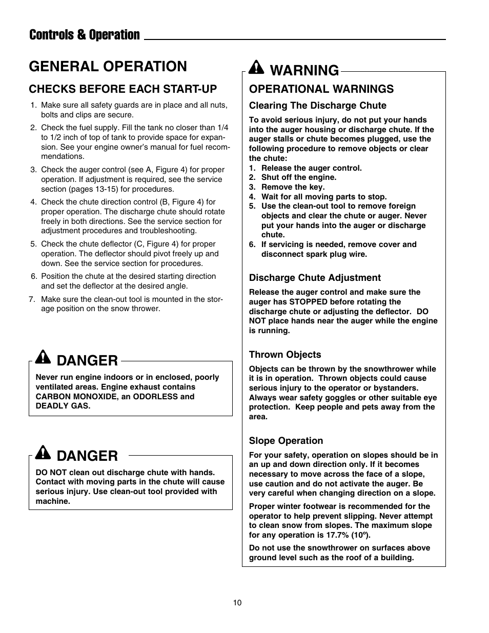 General operation, Controls & operation, Warning | Danger, Checks before each start-up, Operational warnings | Snapper 520E  EN User Manual | Page 11 / 20