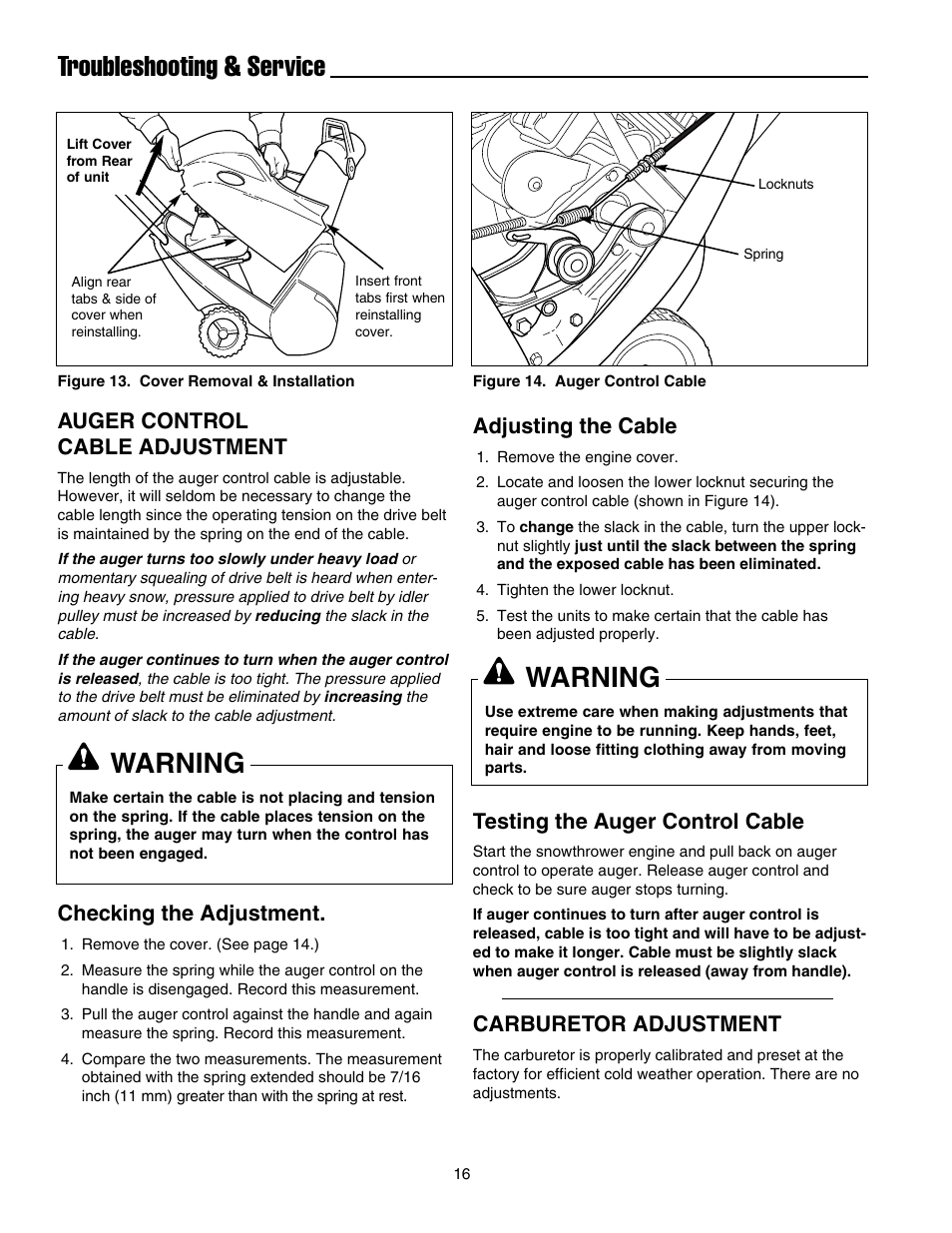 Troubleshooting & service, Warning, Adjusting the cable | Testing the auger control cable, Carburetor adjustment, Auger control cable adjustment, Checking the adjustment | Snapper 520E  EN User Manual | Page 17 / 20