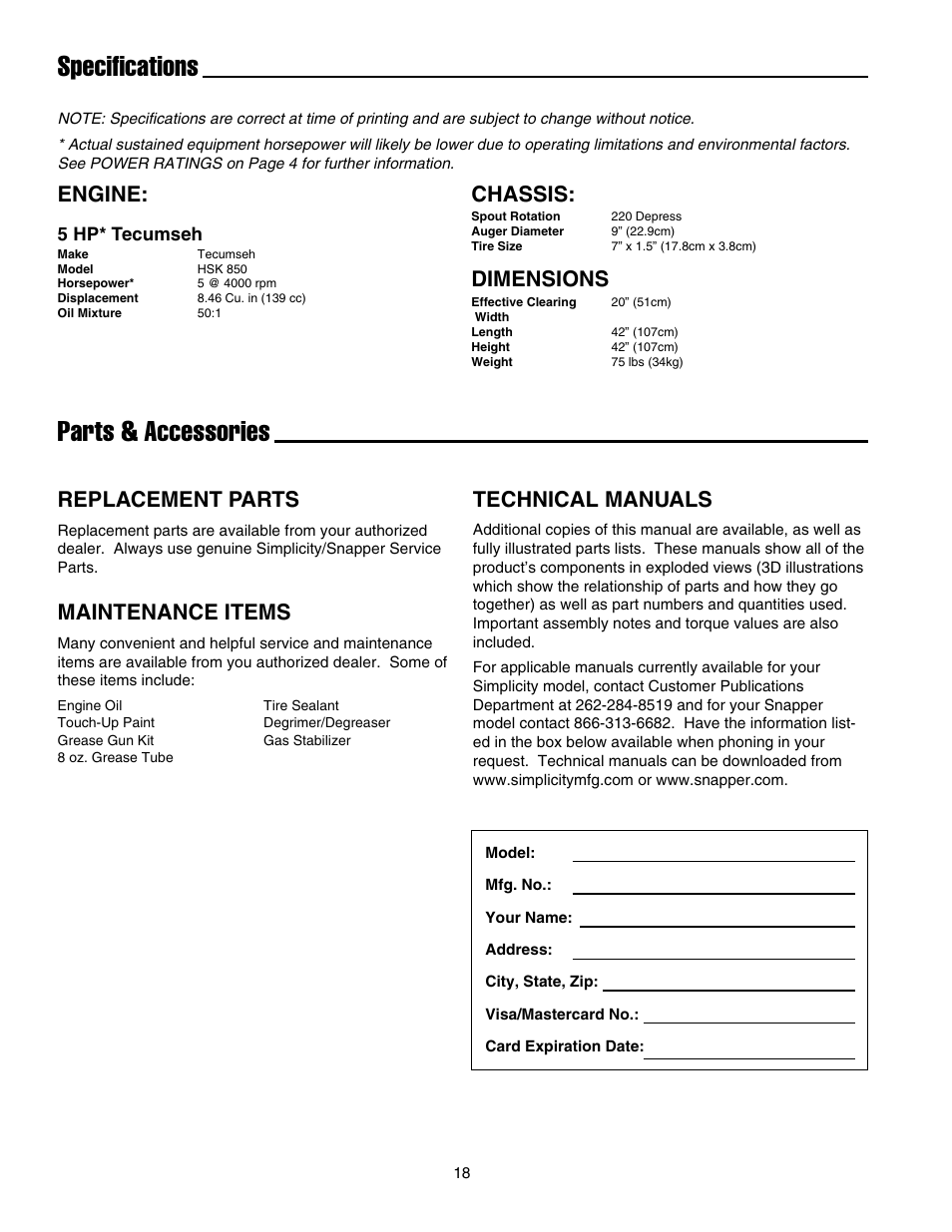 Specifications parts & accessories, Engine, Chassis | Dimensions, Replacement parts, Technical manuals, Maintenance items | Snapper 520E  EN User Manual | Page 19 / 20