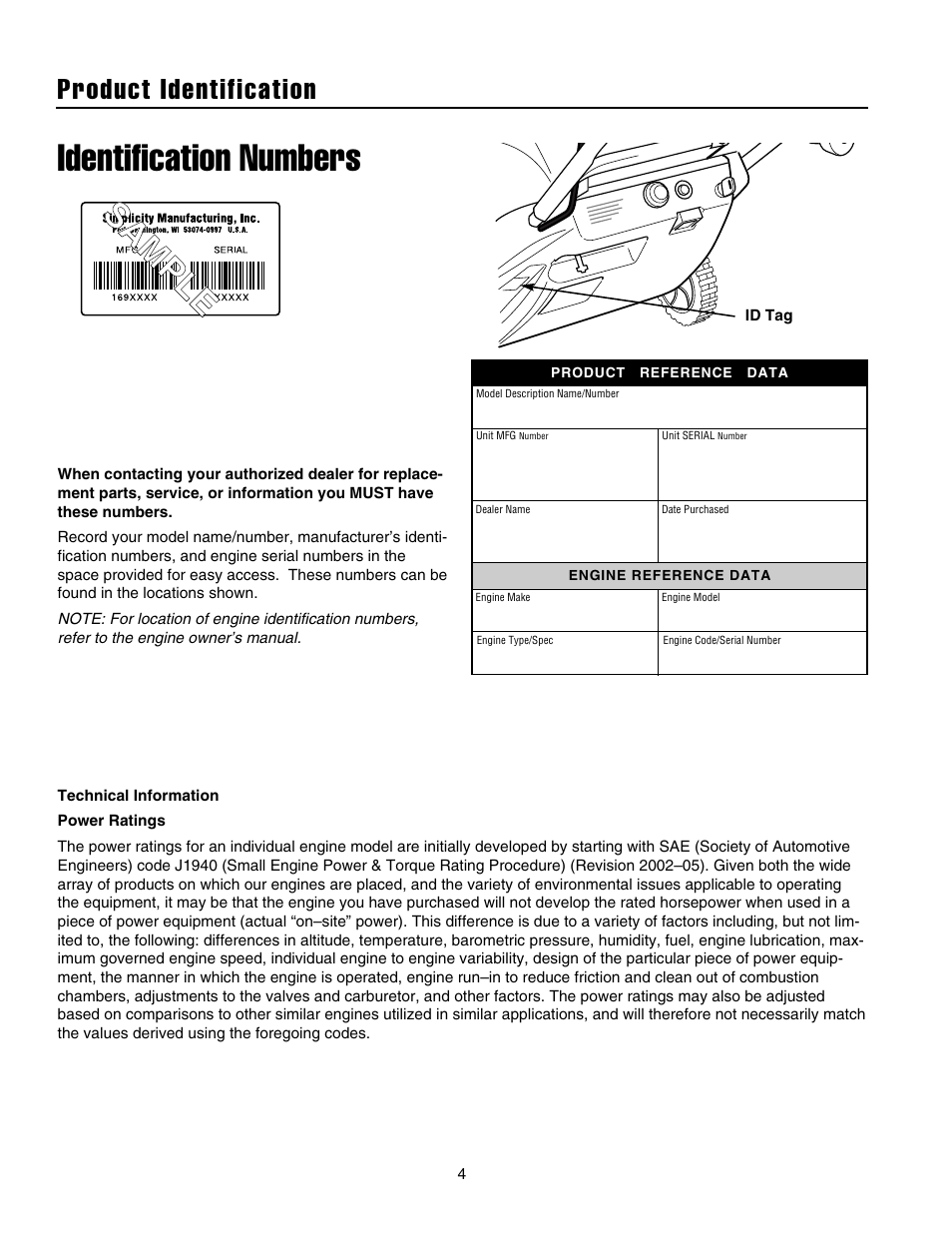 Identification numbers, Product identification | Snapper 520E  EN User Manual | Page 5 / 20