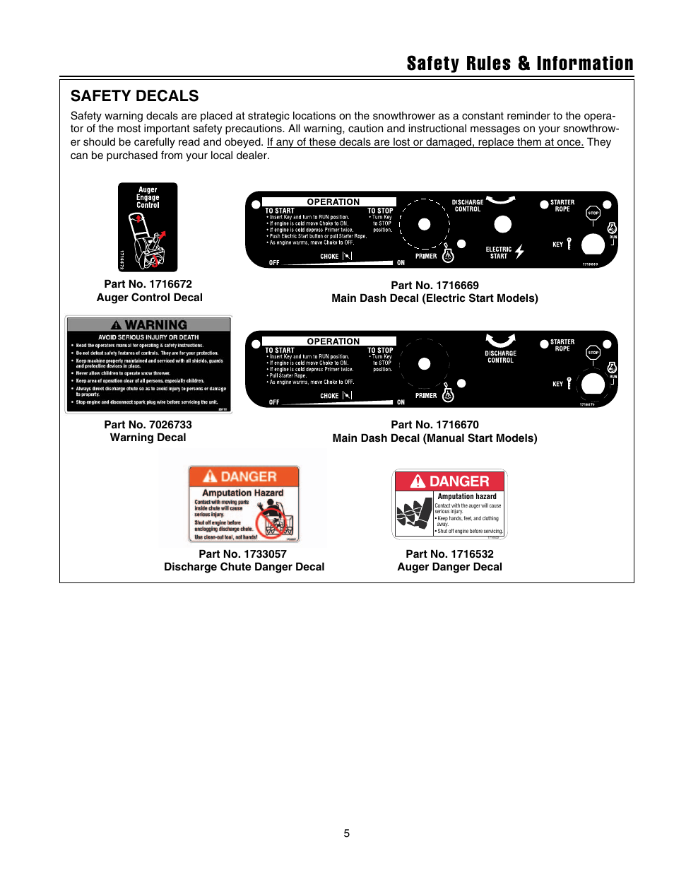 Safety rules & information, Safety decals, Danger | Snapper 520E  EN User Manual | Page 6 / 20