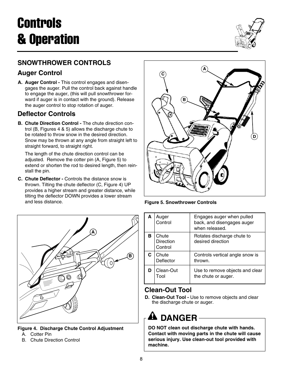 Controls & operation, Danger, Snowthrower controls auger control | Deflector controls, Clean-out tool | Snapper 520E  EN User Manual | Page 9 / 20