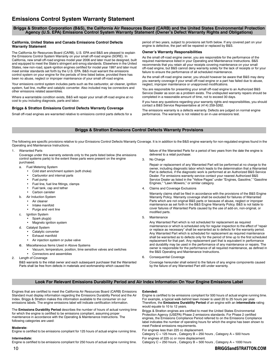 Emissions control system warranty statement | Snapper 90000 User Manual | Page 10 / 80