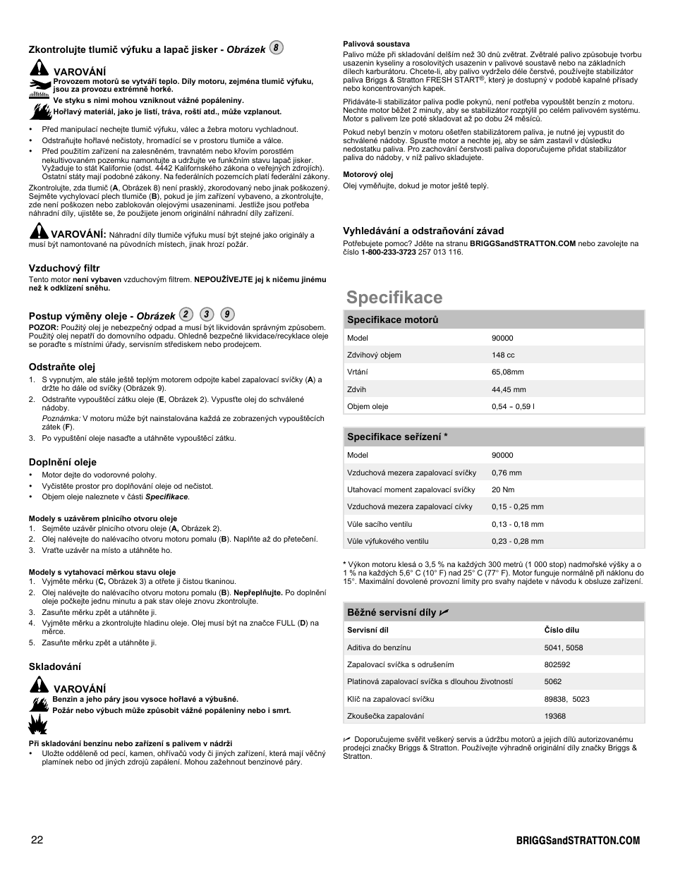 Specifikace | Snapper 90000 User Manual | Page 22 / 80