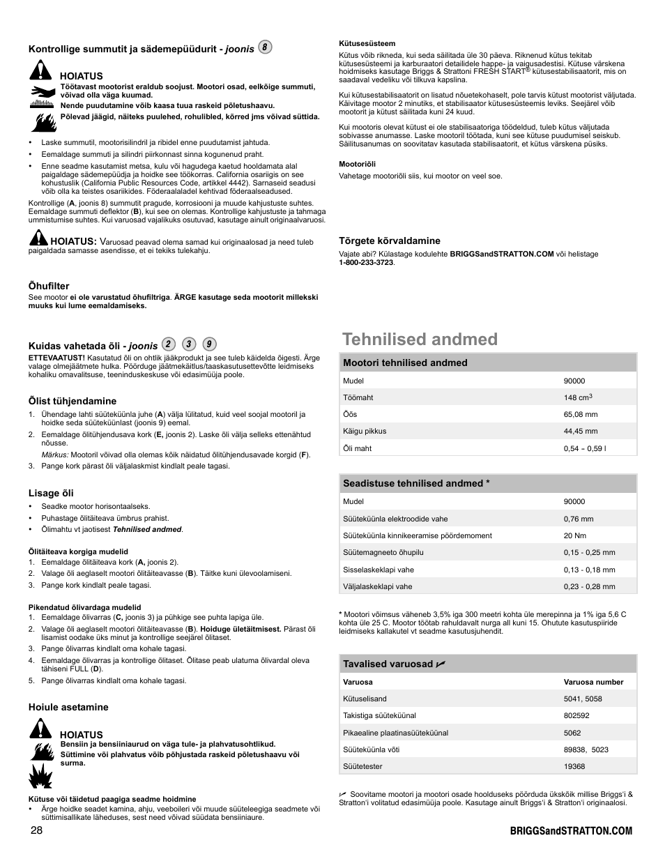 Tehnilised andmed | Snapper 90000 User Manual | Page 28 / 80