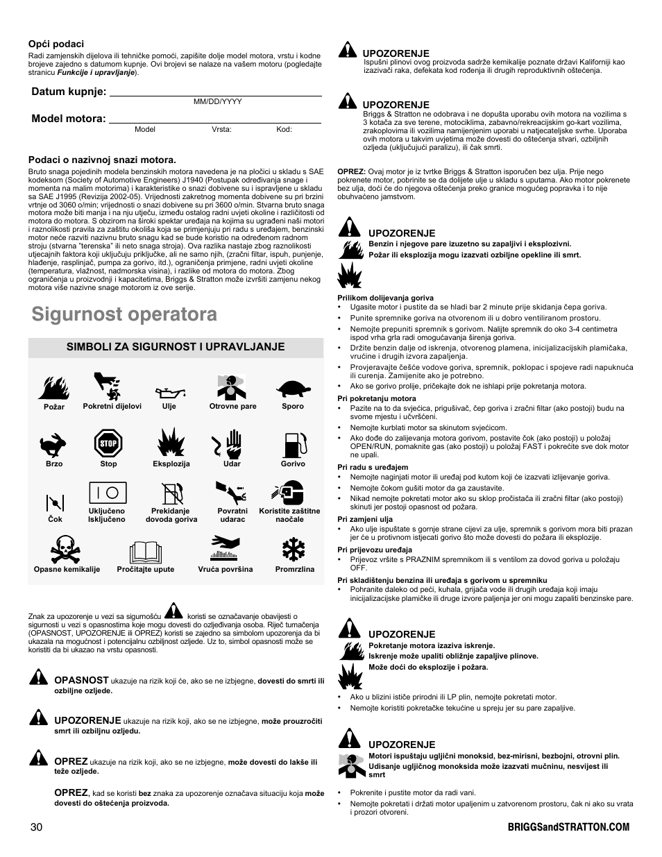 Sigurnost operatora, Datum kupnje: model motora, Simboli za sigurnost i upravljanje | Snapper 90000 User Manual | Page 30 / 80