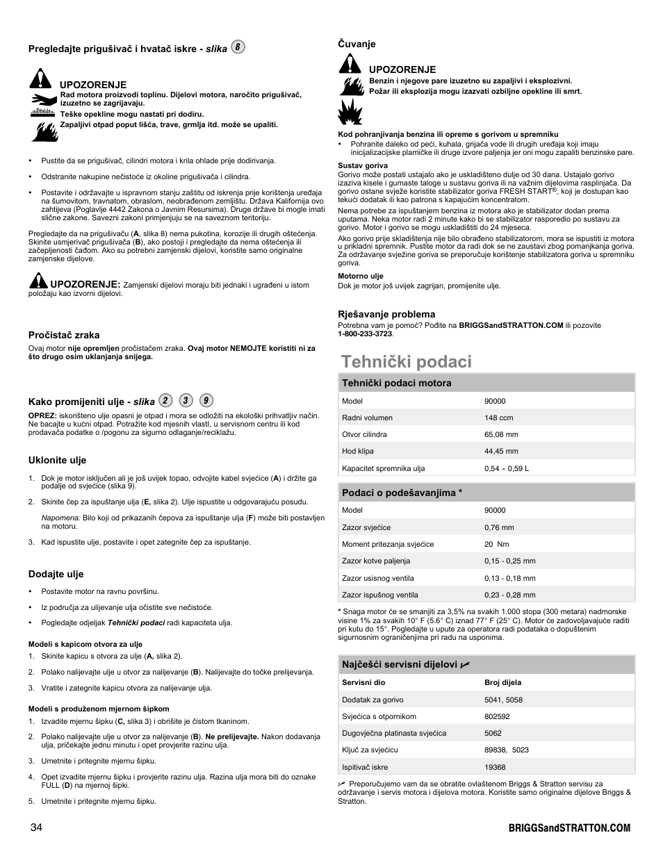 Tehnièki podaci | Snapper 90000 User Manual | Page 34 / 80