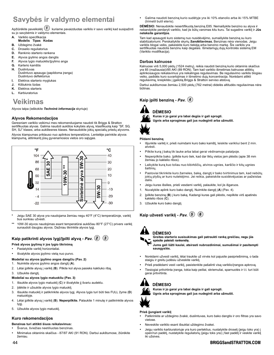 Savybės ir valdymo elementai, Veikimas | Snapper 90000 User Manual | Page 44 / 80