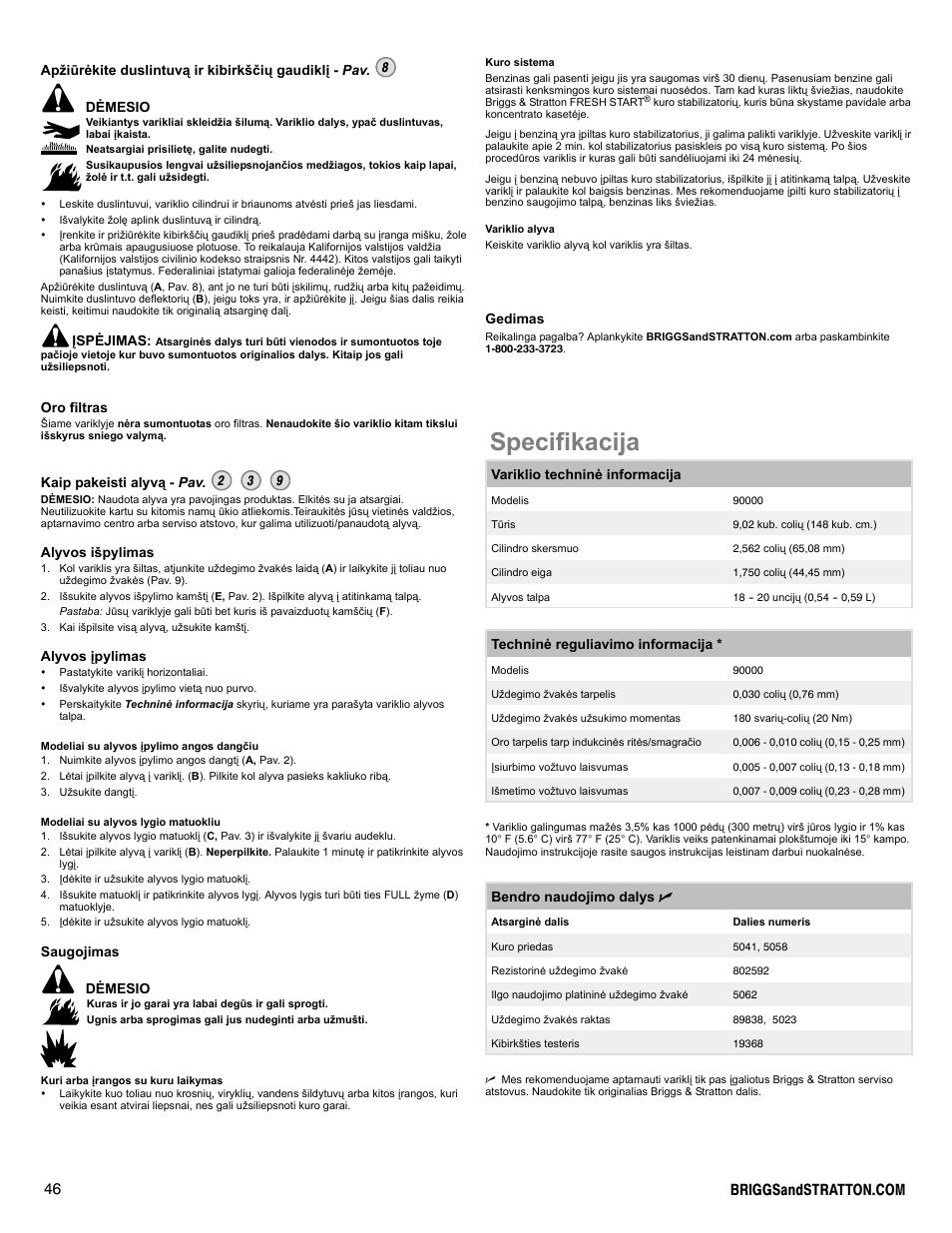 Specifikacija | Snapper 90000 User Manual | Page 46 / 80