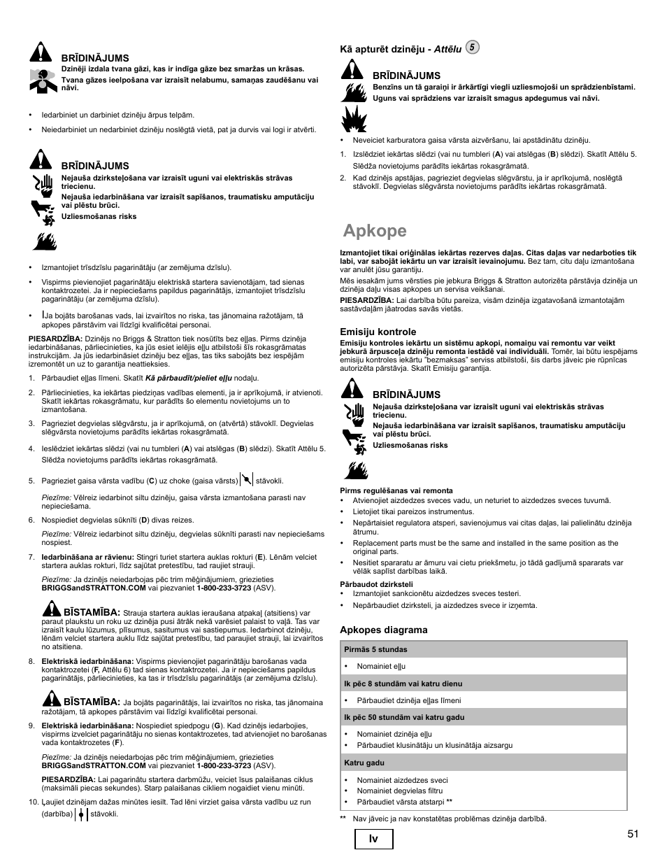 Apkope, 51 lv, Brīdinājums | Bīstamība, Kā apturēt dzinēju - attēlu 5 brīdinājums, Emisiju kontrole, Apkopes diagrama | Snapper 90000 User Manual | Page 51 / 80