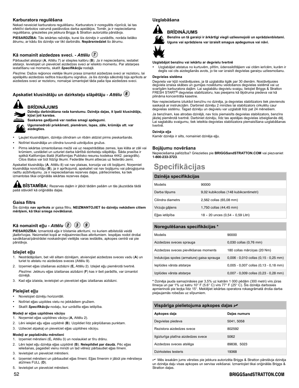 Specifikācijas | Snapper 90000 User Manual | Page 52 / 80