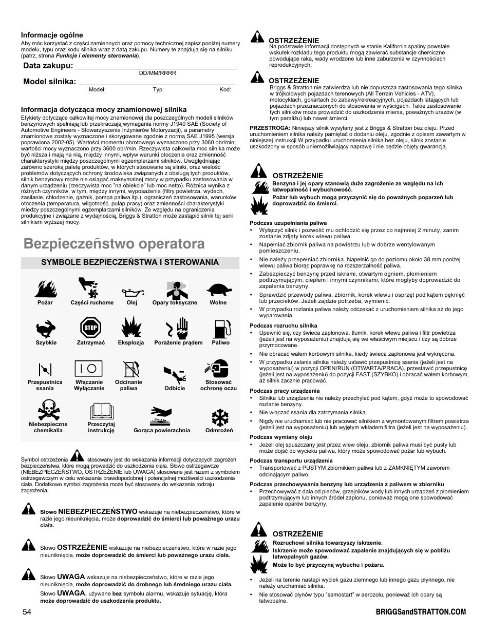 Bezpieczeñstwo operatora, Data zakupu: model silnika, Symbole bezpieczeñstwa i sterowania | Snapper 90000 User Manual | Page 54 / 80