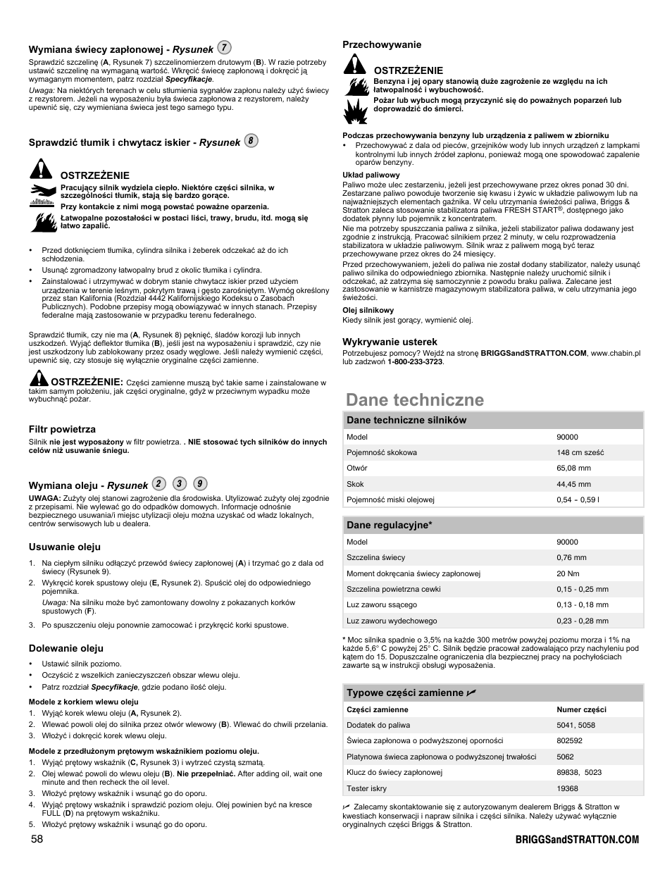 Dane techniczne | Snapper 90000 User Manual | Page 58 / 80