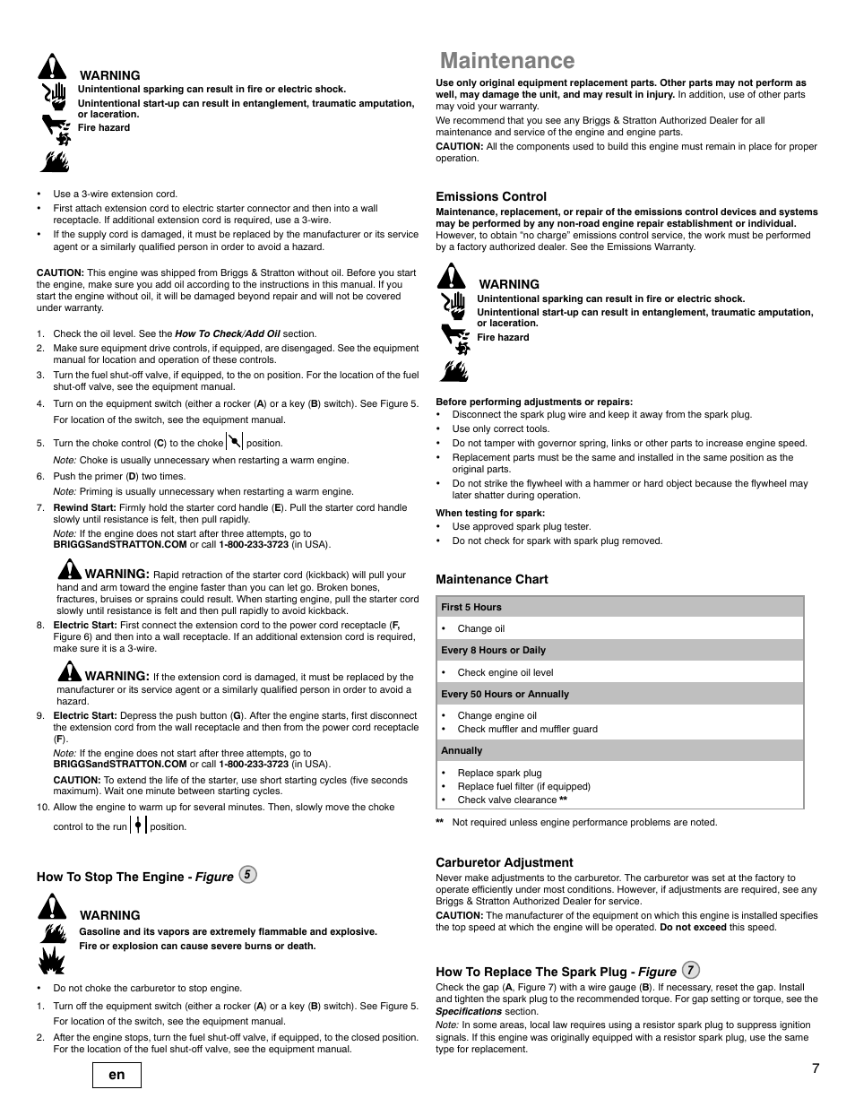 Maintenance, Warning, How to stop the engine - figure 5 warning | Emissions control, Maintenance chart, Carburetor adjustment, How to replace the spark plug - figure 7 | Snapper 90000 User Manual | Page 7 / 80