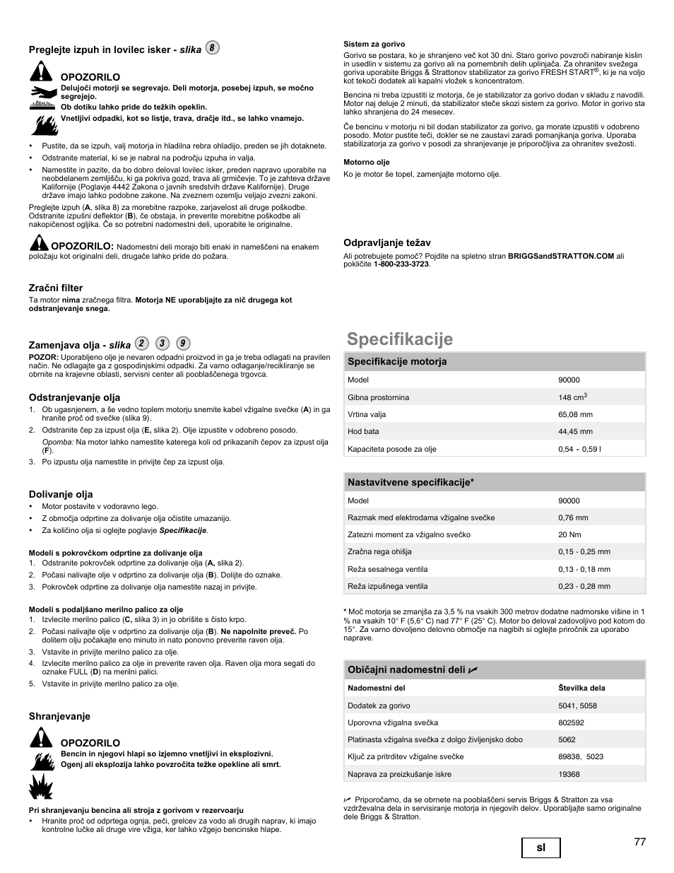 Specifikacije, 77 sl | Snapper 90000 User Manual | Page 77 / 80