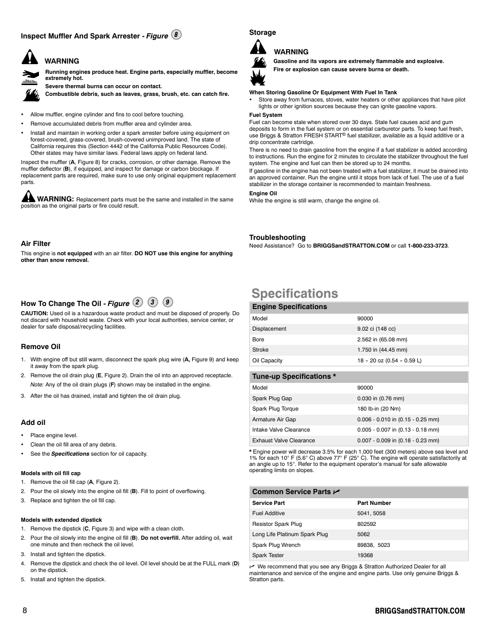 Specifications | Snapper 90000 User Manual | Page 8 / 80