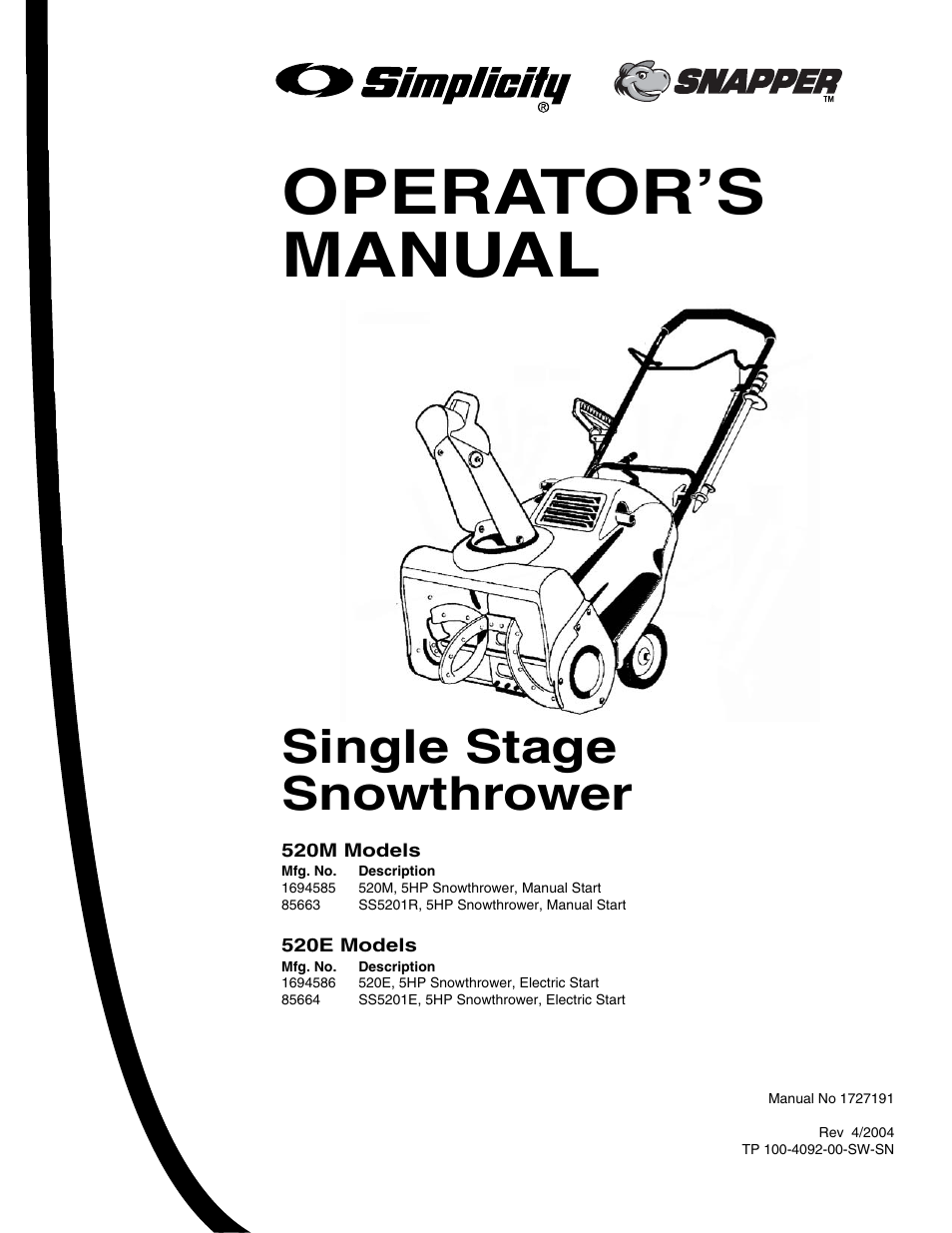 Snapper 520EEN User Manual | 20 pages