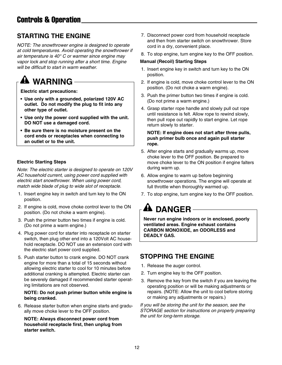 Controls & operation, Warning, Danger | Starting the engine, Stopping the engine | Snapper 520EEN User Manual | Page 13 / 20