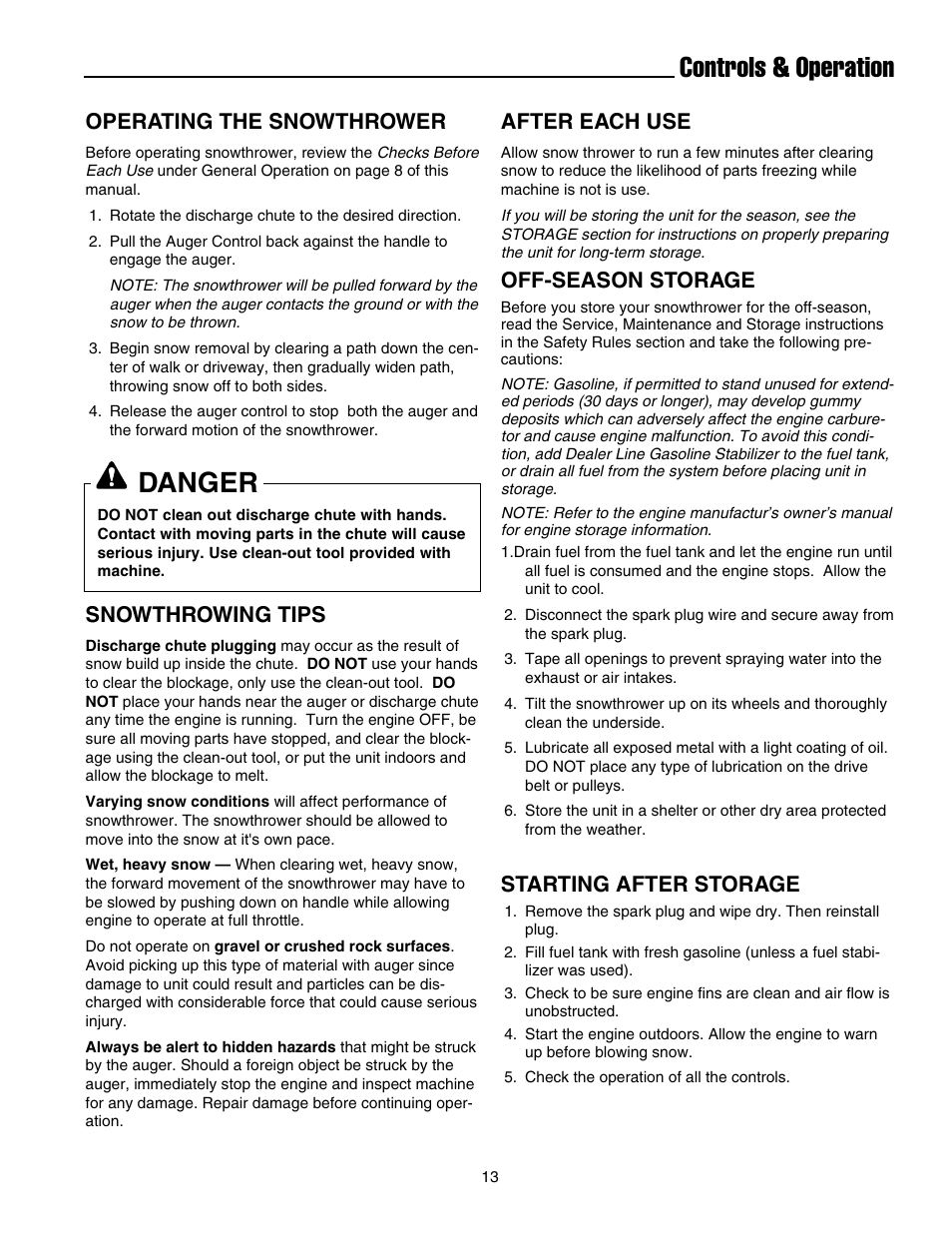 Controls & operation, Danger, Operating the snowthrower | Snowthrowing tips, After each use, Off-season storage, Starting after storage | Snapper 520EEN User Manual | Page 14 / 20