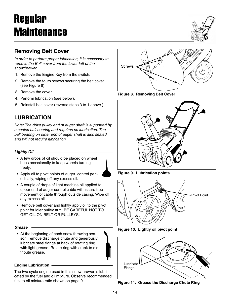 Regular maintenance, Removing belt cover, Lubrication | Snapper 520EEN User Manual | Page 15 / 20