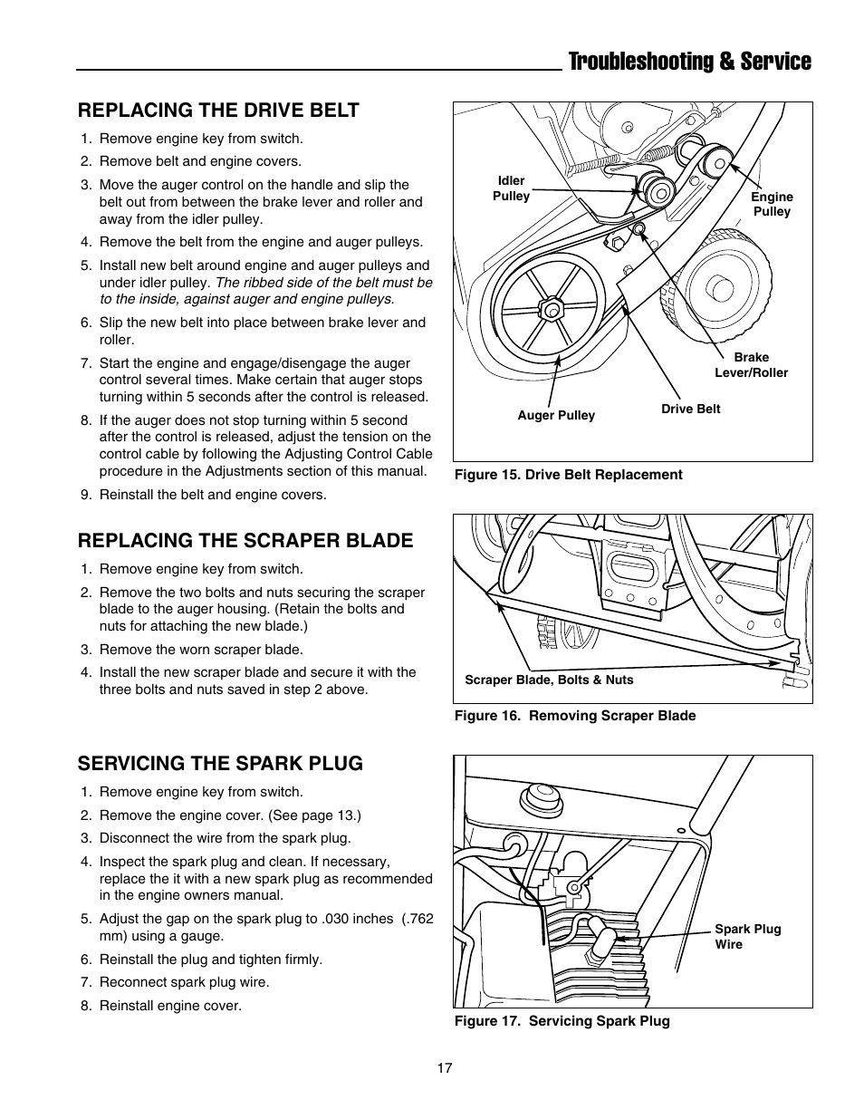 Troubleshooting & service, Replacing the drive belt, Replacing the scraper blade | Servicing the spark plug | Snapper 520EEN User Manual | Page 18 / 20