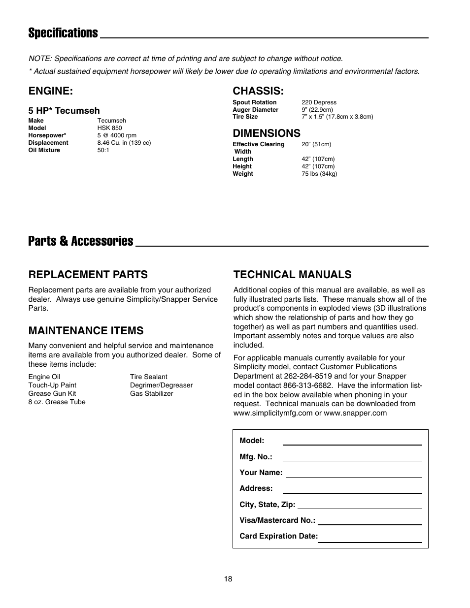 Specifications parts & accessories, Engine, Chassis | Dimensions, Replacement parts, Technical manuals, Maintenance items | Snapper 520EEN User Manual | Page 19 / 20