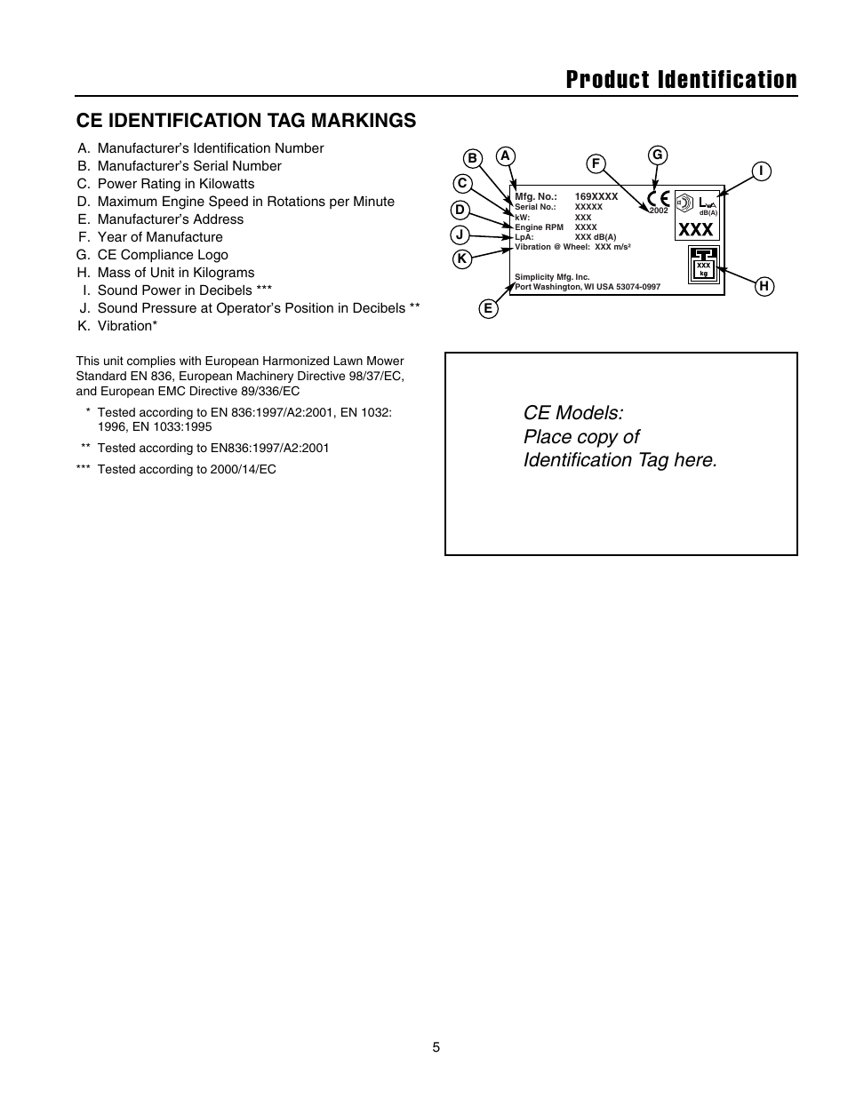 Product identification, Ce models: place copy of identification tag here, Ce identification tag markings | Snapper 520EEN User Manual | Page 6 / 20