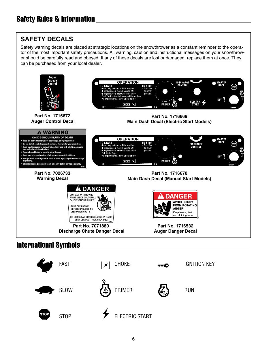 Safety rules & information, International symbols, Safety decals | Snapper 520EEN User Manual | Page 7 / 20