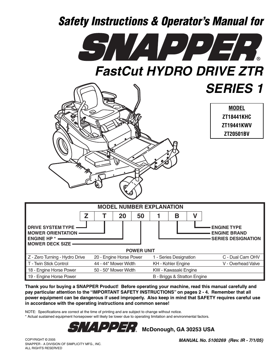 Snapper ZT20501BV User Manual | 30 pages